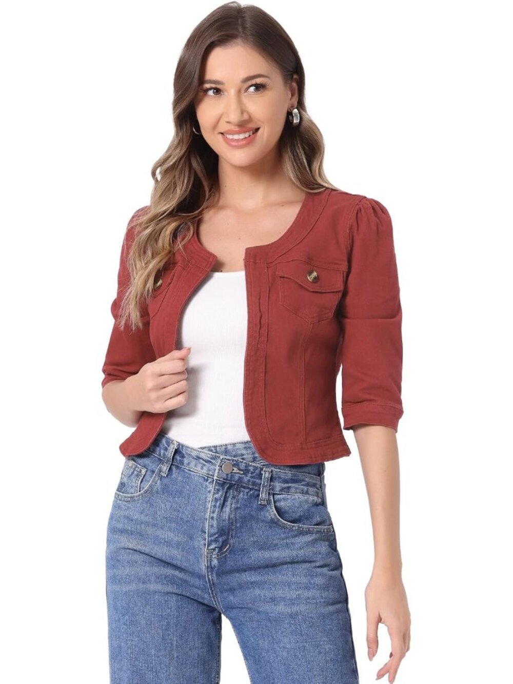 〽️Women's Brick Red Denim Cardigan 3/4 Sleeve Cropped Jean Jacket